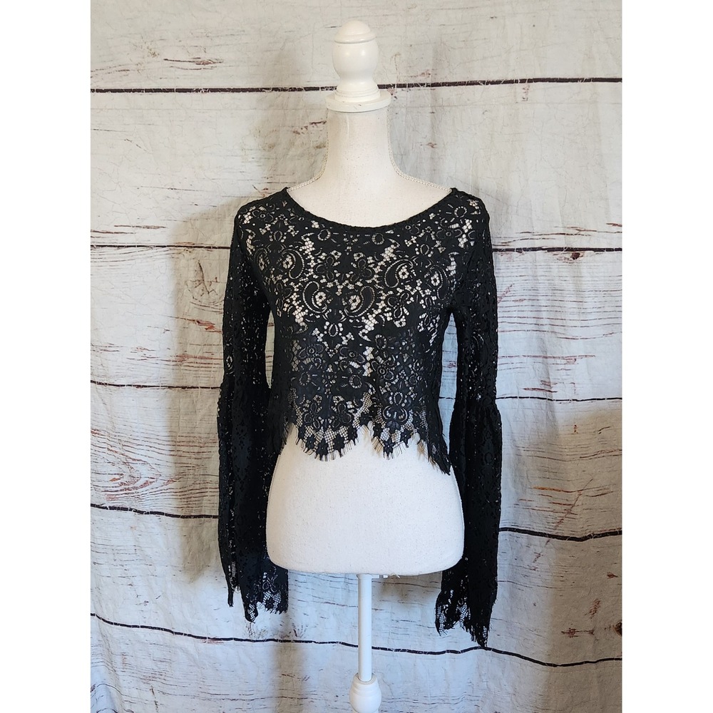 For Love & Lemons Black Lace Crop Top Long Bell Sleeve Sheer Size Small